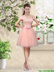 Decent V Neck Baby Pink Prom Dresses with Hand Made Flowers