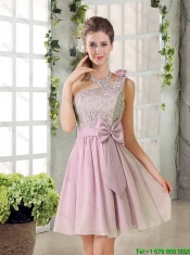 Discount A Line One Shoulder Pink Prom Dresses with Bowknot
