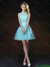 Elegant Halter Top Laced Prom Dresses with Appliques