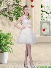 Feminine A Line Halter Top Prom Dresses with Bowknot and Lace