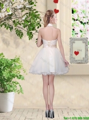 Feminine A Line Halter Top Prom Dresses with Bowknot and Lace