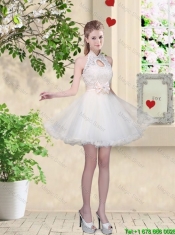 Feminine A Line Halter Top Prom Dresses with Bowknot and Lace