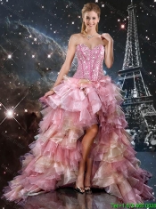 Informal High Low Beaded Multi Color Prom Dresses with Ruffles