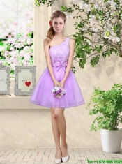 Popular A Line One Shoulder Laced Dama Dresses in Lavender