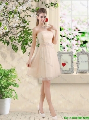 Pretty One Shoulder Champagne Junior Dresses with Appliques and Belt