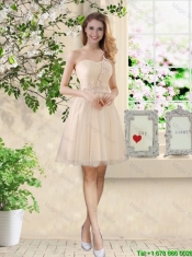 Pretty One Shoulder Champagne Junior Dresses with Appliques and Belt