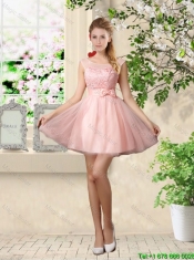 Romantic One Shoulder Laced and Bowknot Prom Dresses in Pink