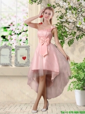 Romantic One Shoulder Laced and Bowknot Prom Dresses in Pink