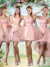 Romantic One Shoulder Laced and Bowknot Prom Dresses in Pink