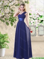 Wonderful Ruched Navy Blue Prom Dresses with V Neck