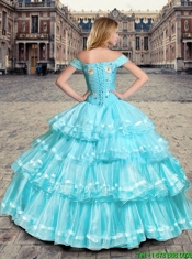 Beautiful Off the Shoulder Aqua Blue Quinceanera Dresses with Ruffled Layers