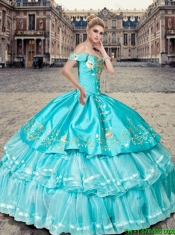 New Style Off the Shoulder Embroidery Quinceanera Dresses in Teal and Aqua Blue