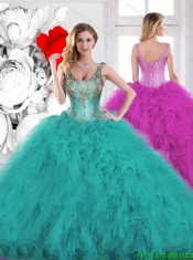 Gorgeous Beading Scoop Teal Quinceanera Dresses with Ruffles
