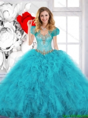Modest Beading Sweetheart Quinceanera Dresses in Aqua Blue