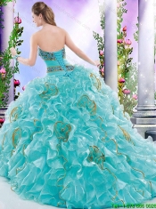 Beautiful Brush Train Quinceanera Gowns with Ruffles and Beading