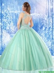 Beautiful V Neck Mint Sweet 16 Gowns with Open Back