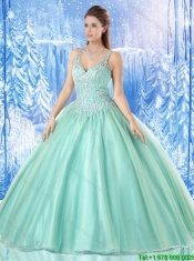 Beautiful V Neck Mint Sweet 16 Gowns with Open Back