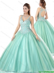 Beautiful V Neck Mint Sweet 16 Gowns with Open Back