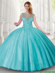 Cheap Bateau Aqua Blue Quinceanera Dresses with Beading