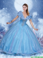 Classical Appliques Blue Sweet 16 Dresses with Cap Sleeves