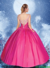 Exquisite V Neck Beading Quinceanera Gowns in Hot Pink