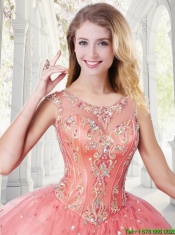 Hot Sale Beading Scoop Quinceanera Gowns in Watermelon