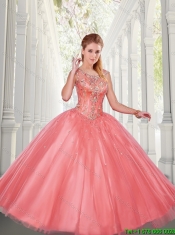 Hot Sale Beading Scoop Quinceanera Gowns in Watermelon