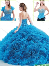 Luxurious Brush Train Blue Sweet 16 Dresses with Beading