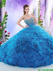 Luxurious Brush Train Blue Sweet 16 Dresses with Beading