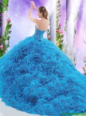 Luxurious Brush Train Blue Sweet 16 Dresses with Beading