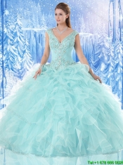Popular Beading V Neck Quinceanera Gowns with Cap Sleeves