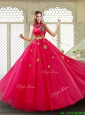 Exclusive High Neck Quinceanera Gowns in Coral Red