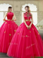 Exclusive High Neck Quinceanera Gowns in Coral Red