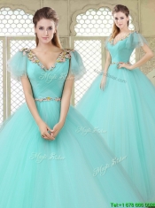 Exquisite V Neck Mint Sweet 16 Dresses with Appliques