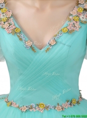 Exquisite V Neck Mint Sweet 16 Dresses with Appliques