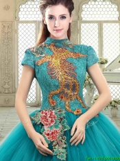 Luxurious High Neck Appliques Sweet 16 Dresses with Short Sleeves