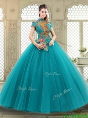 Luxurious High Neck Appliques Sweet 16 Dresses with Short Sleeves