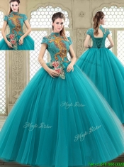 Luxurious High Neck Appliques Sweet 16 Dresses with Short Sleeves