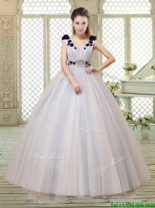 Pretty Champagne Straps Quinceanera Gowns with Belt and Appliques