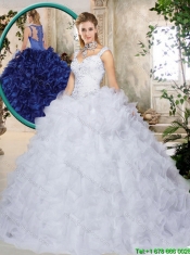 2016 Elegant Brush Train Straps Quinceanera Dresses with Beading and Ruffles