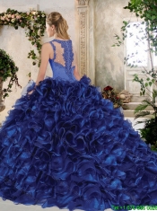 2016 Elegant Brush Train Straps Quinceanera Dresses with Beading and Ruffles