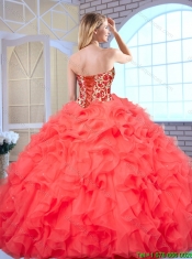 2016 Fashionable Coral Red Quinceanera Gowns with Beading and Ruffles