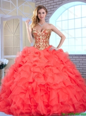 2016 Fashionable Coral Red Quinceanera Gowns with Beading and Ruffles
