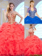 2016 Fashionable Coral Red Quinceanera Gowns with Beading and Ruffles