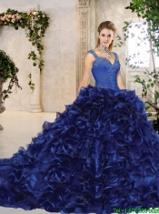 2016 Perfect Straps Brush Train Quinceanera Gowns in Royal Blue