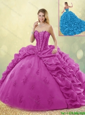 Best Selling Brush Train Beading Quinceanera Dresses in Fuchsia