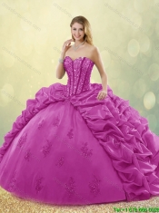Best Selling Brush Train Beading Quinceanera Dresses in Fuchsia