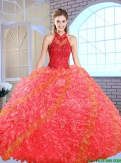 Cheap Appliques and Ruffles Quinceanera Gowns with High Neck