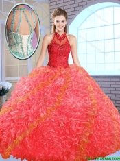 Cheap Appliques and Ruffles Quinceanera Gowns with High Neck