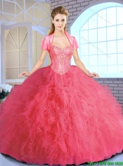 Elegant Ruffles and Sequins Quinceanera Gowns in Coral Red